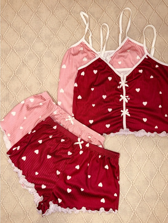 SHEIN Other - Women’s Heart-Print Satin Sleep Sets - Pink & Red XS